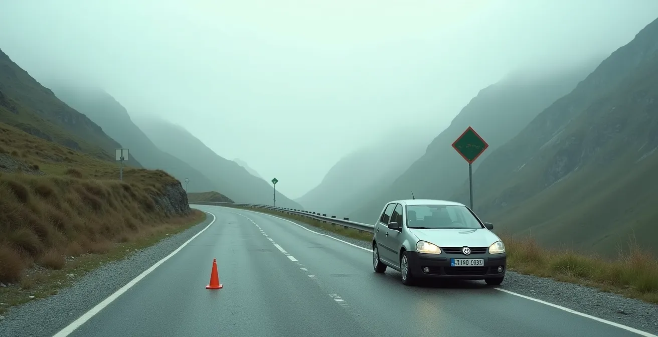 Vue large d'une voiture en panne sur le bord d'une route déserte et sinueuse de montagne, avec un triangle de signalisation posé au sol, illustrant l'isolement d'un road-tripper bloqué à l'étranger