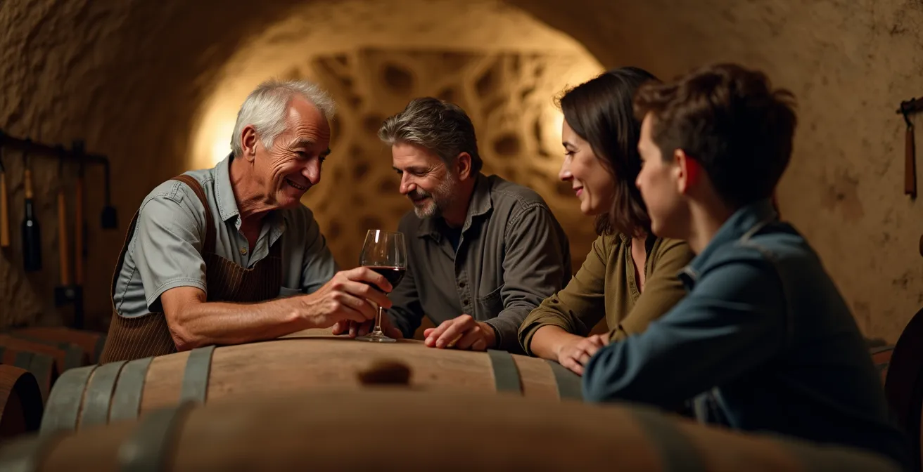 Vigneron en cave de tuffeau expliquant le processus de vinification à des visiteurs attentifs