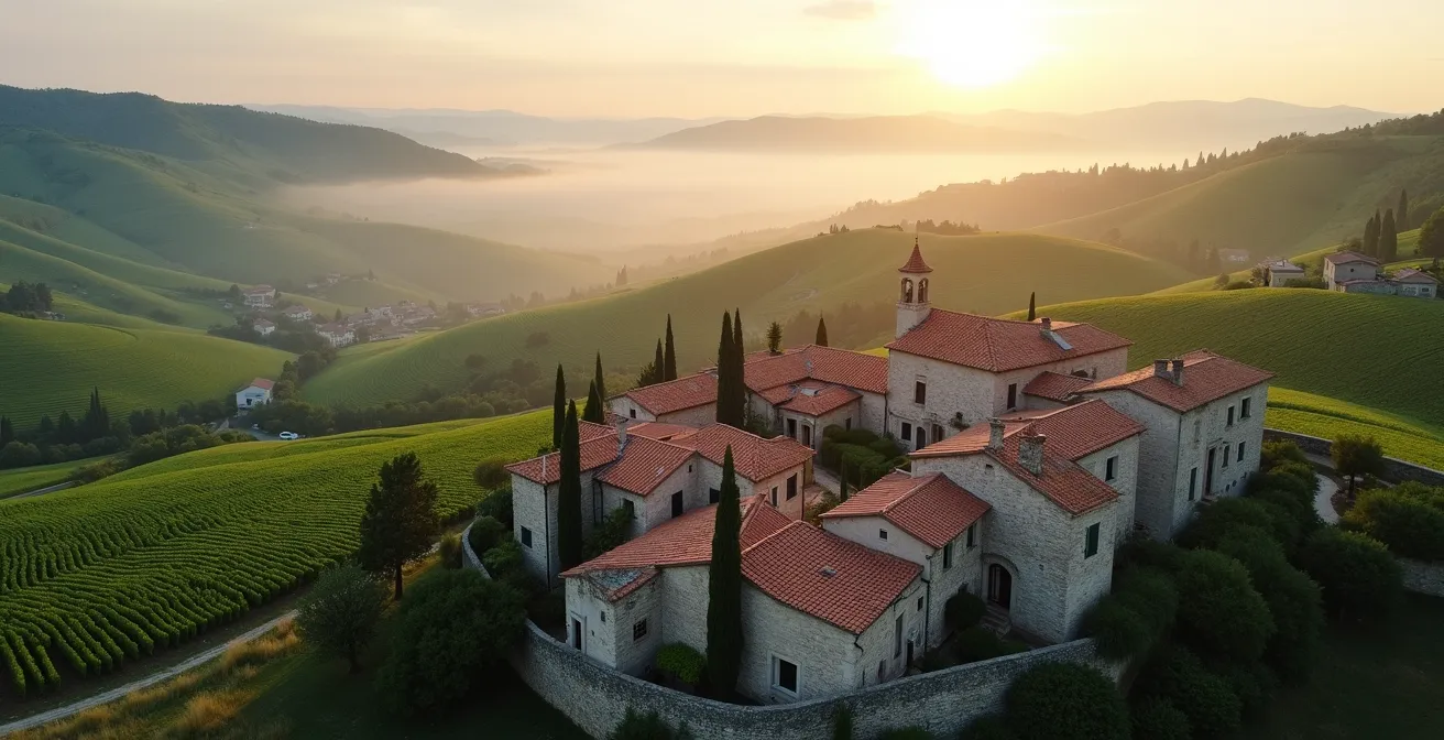 Vue aérienne d'un petit village français isolé avec ses toits en tuiles rouges, entouré de champs de lavande et de collines verdoyantes au lever du soleil