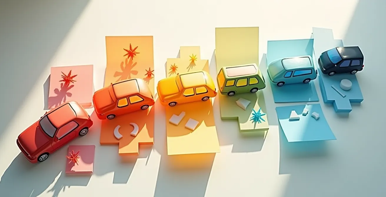 Visualisation abstraite d'un calendrier avec zones colorées représentant les périodes de forte demande en covoiturage en France