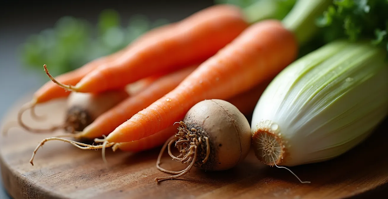 Vue macro de légumes d'hiver français avec texture naturelle et gouttes de rosée
