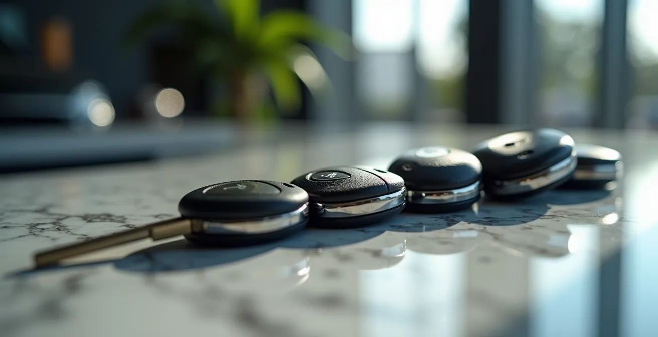 Plusieurs clés de voiture de différentes catégories alignées sur un comptoir d'agence