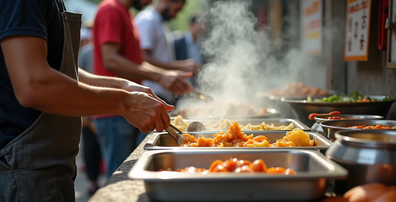 Stand de street food asiatique avec vendeur préparant des plats dans des conditions d'hygiène optimales