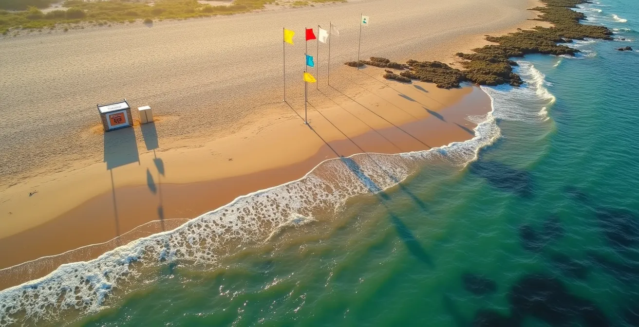 Vue aérienne d'une plage française avec différentes zones de baignade et signalétique visible