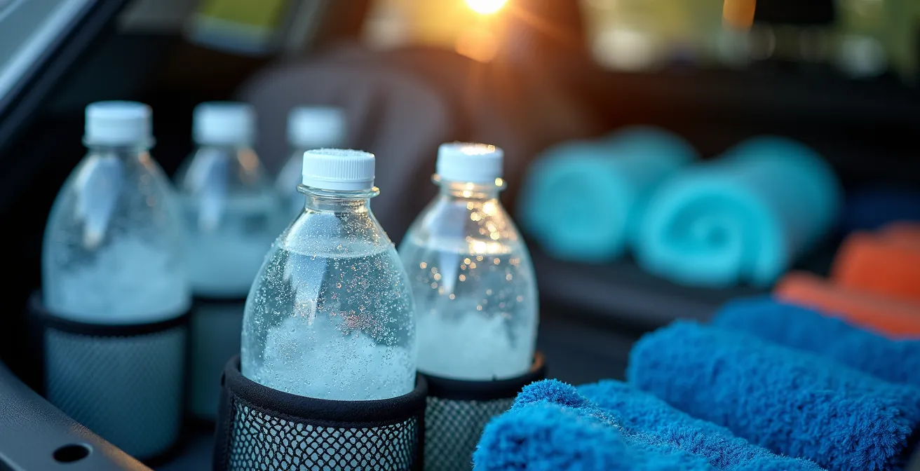 Équipement d'hydratation organisé dans le coffre d'une voiture pour journée sportive estivale