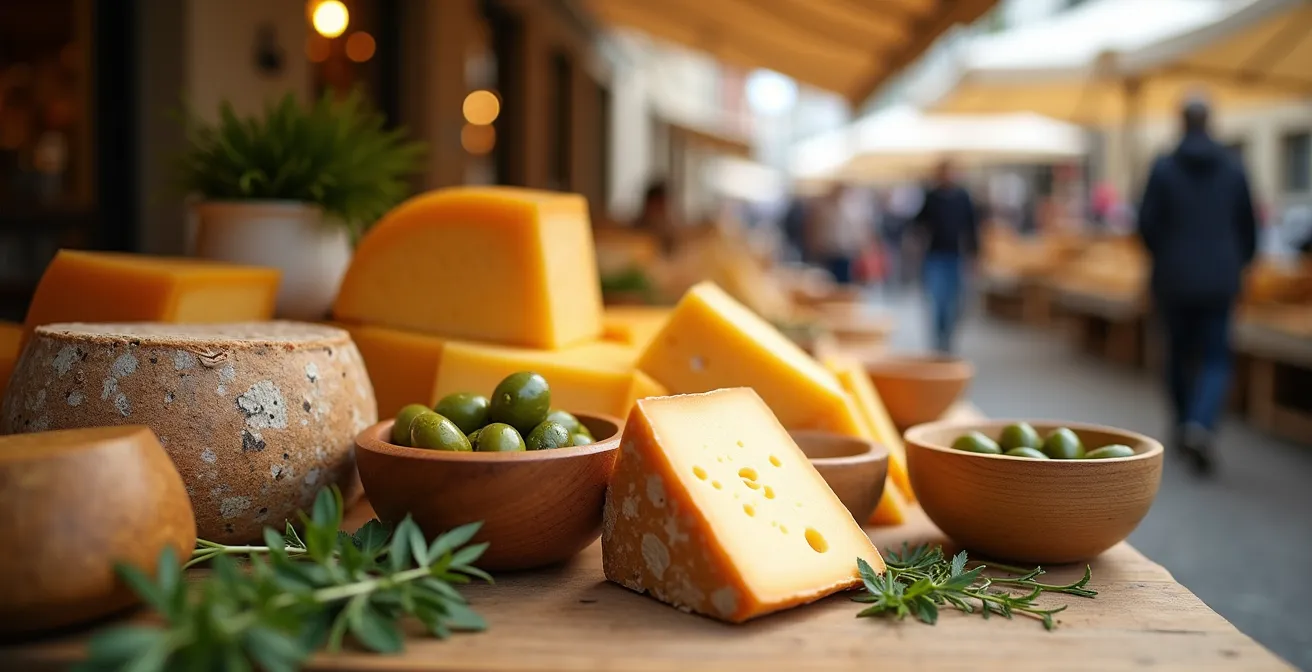 Étal de marché provençal avec fromages artisanaux et produits locaux sous parasols colorés
