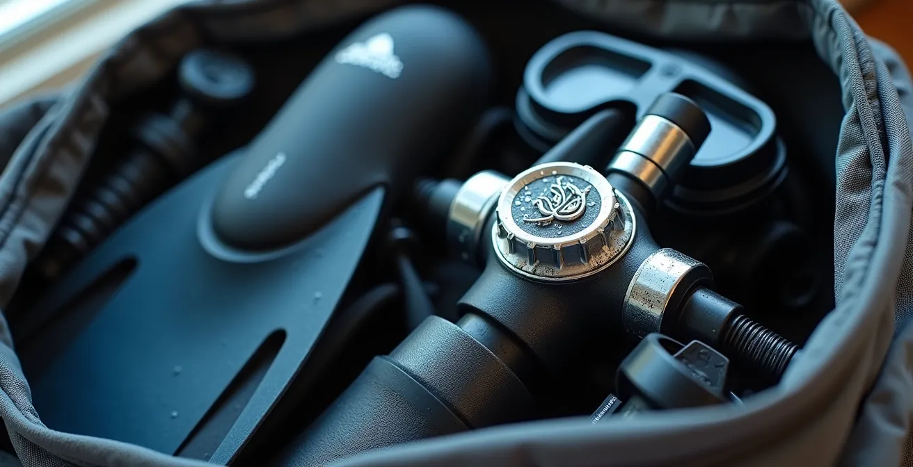 Matériel de plongée soigneusement organisé dans un sac de voyage