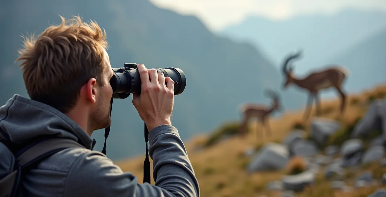Randonneur observant des bouquetins à distance respectueuse avec des jumelles dans les Alpes