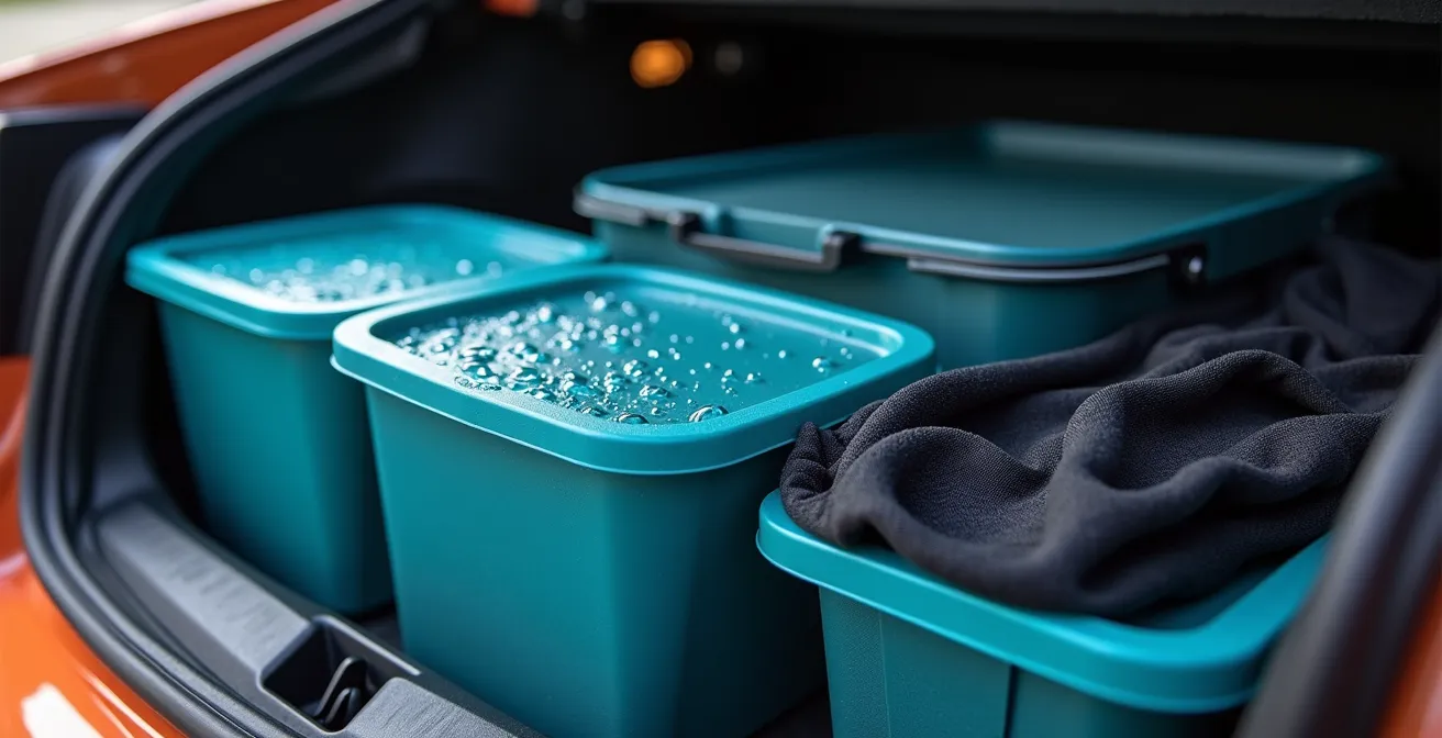 Coffre de voiture organisé avec bacs de rangement et équipement de surf