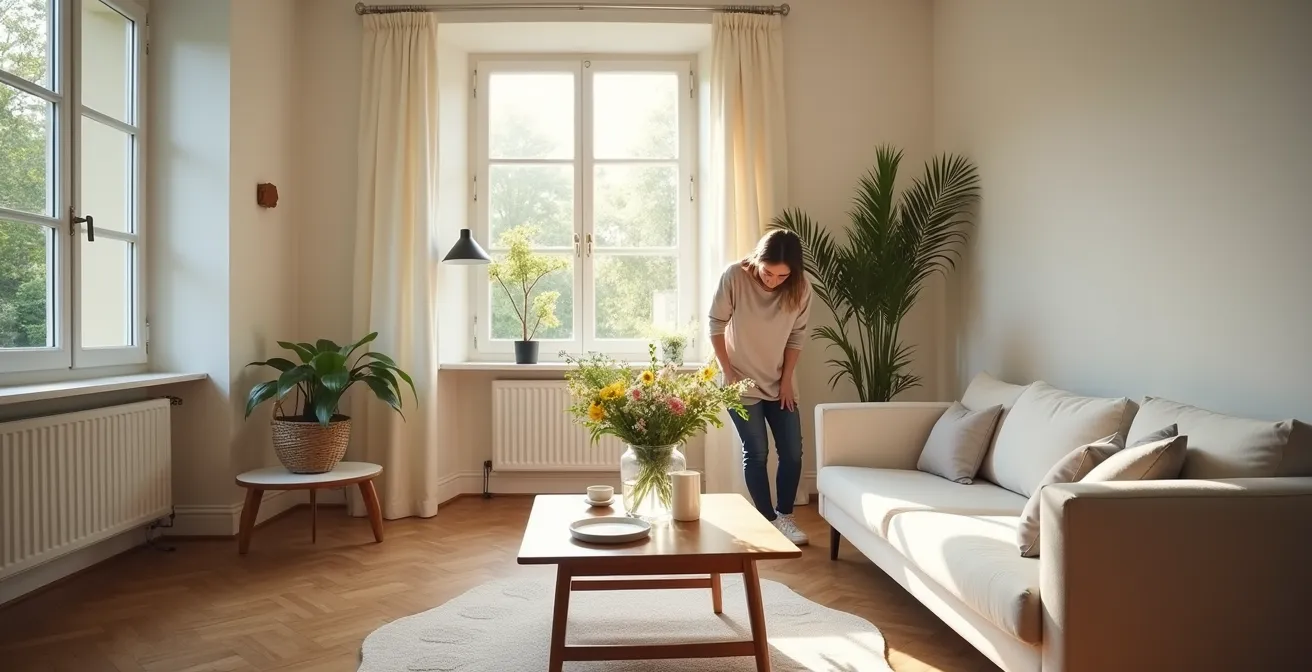 Propriétaire arrangeant soigneusement un appartement lumineux pour la location saisonnière