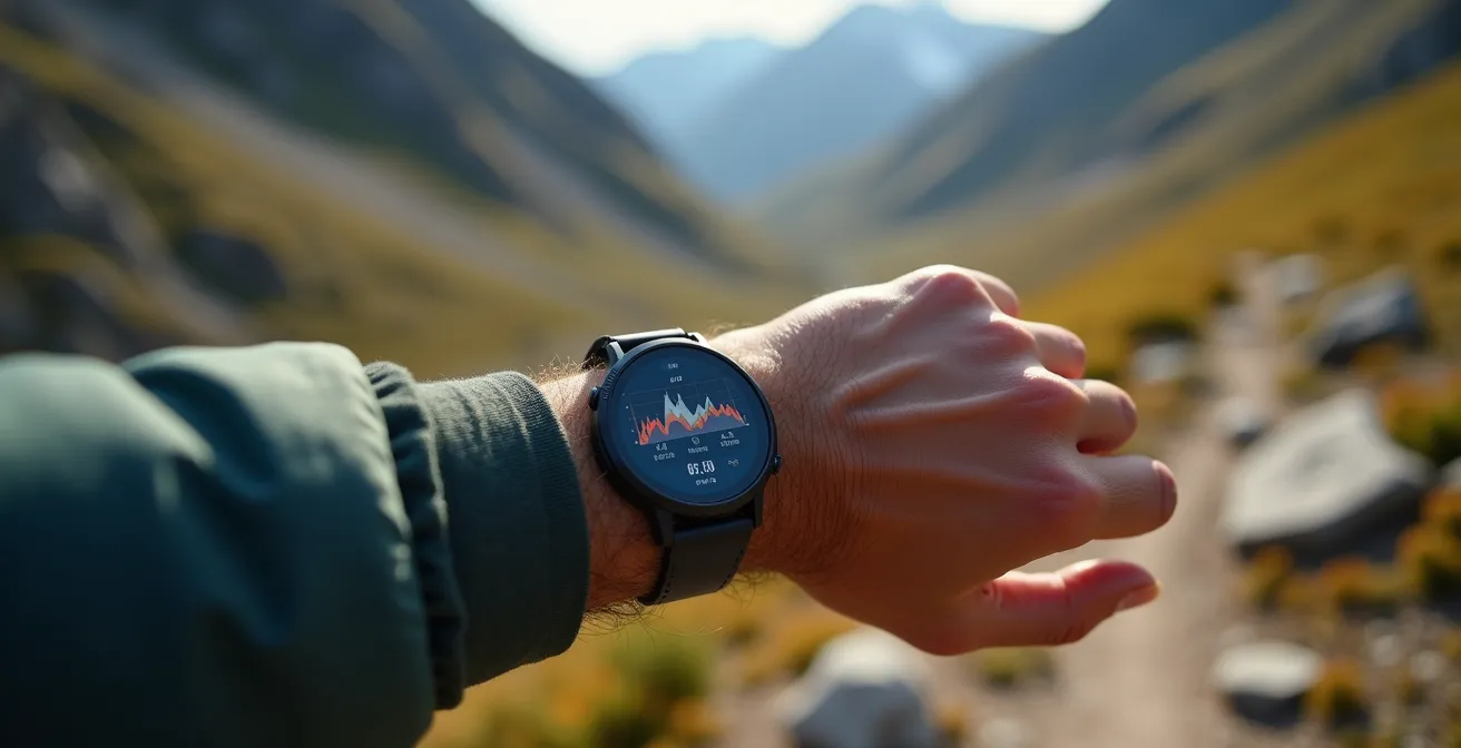 Gros plan sur la main d'un randonneur consultant sa montre GPS avec altimètre sur un sentier de montagne
