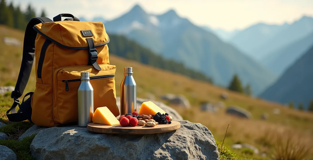 Sac de randonnée ouvert montrant fruits secs, fromage et gourde sur un rocher en montagne