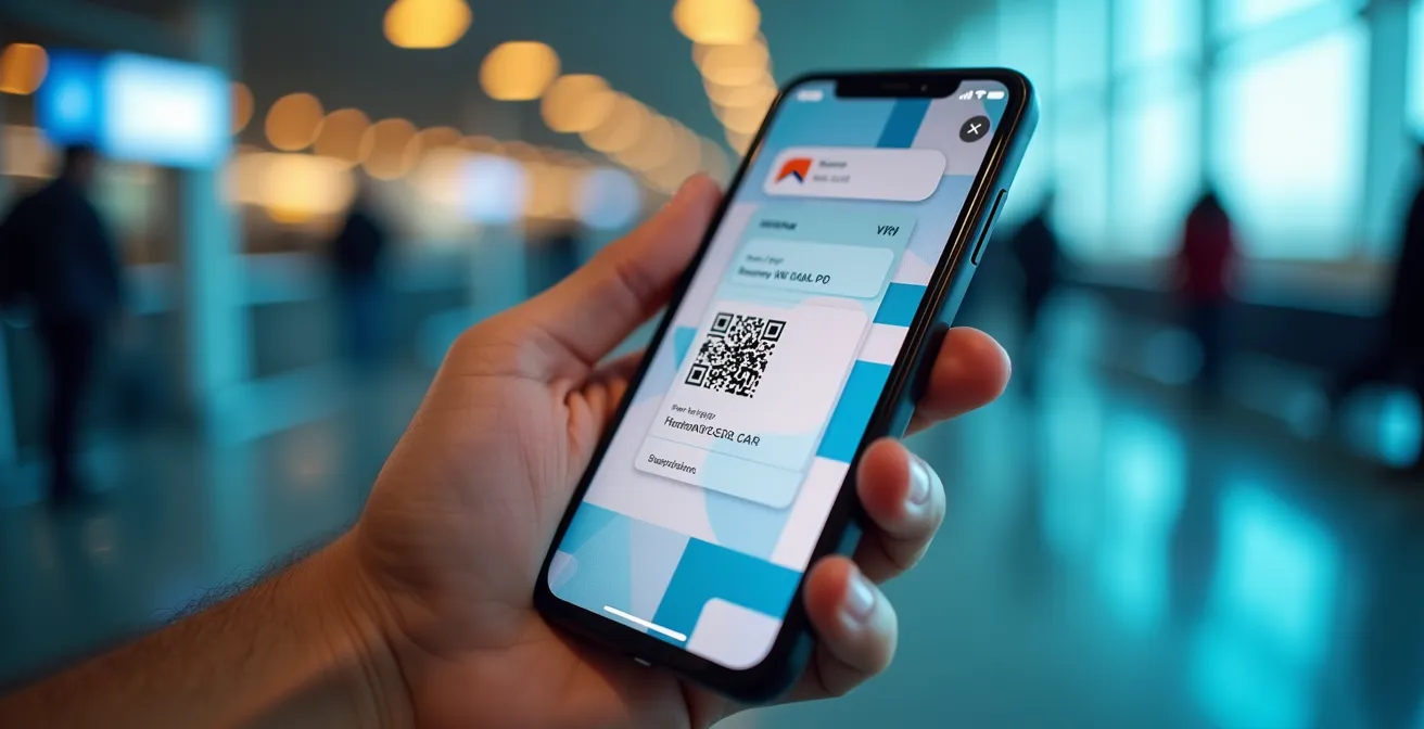 Main tenant un smartphone montrant une carte d'embarquement digitale dans un wallet mobile