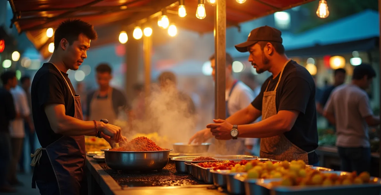 Vendeur de street food asiatique préparant des plats colorés sur son stand de marché
