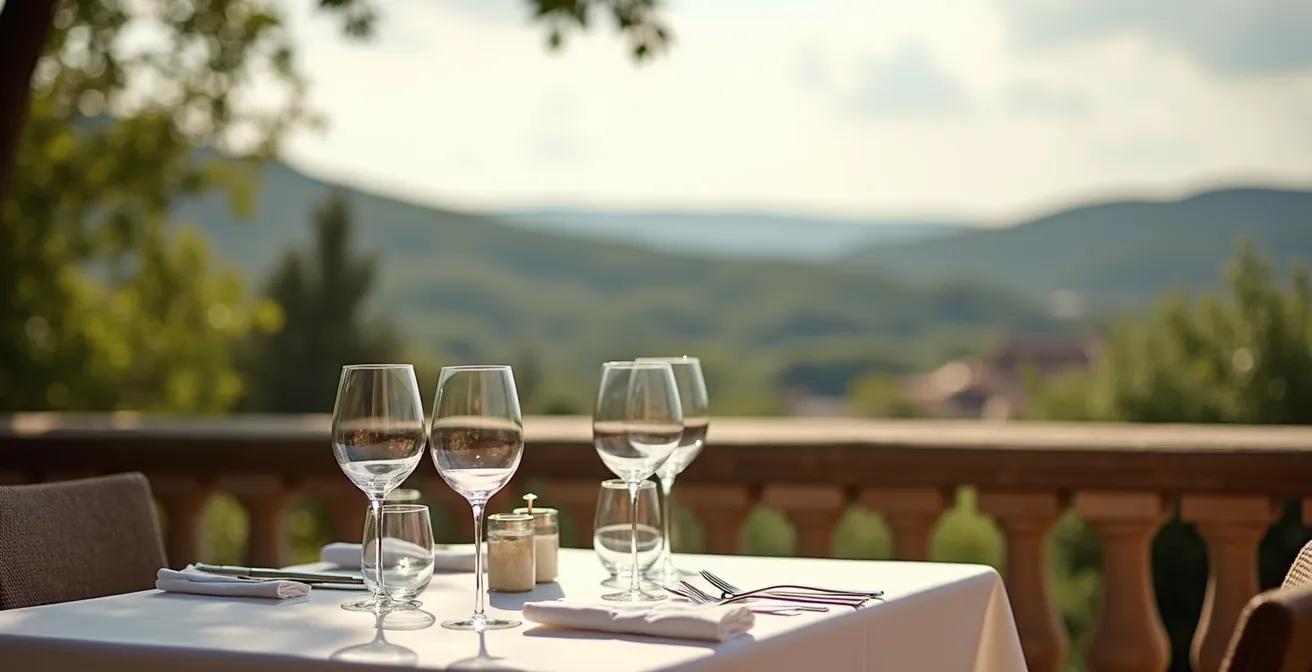 Vue depuis une terrasse de restaurant avec table dressée donnant sur la campagne française