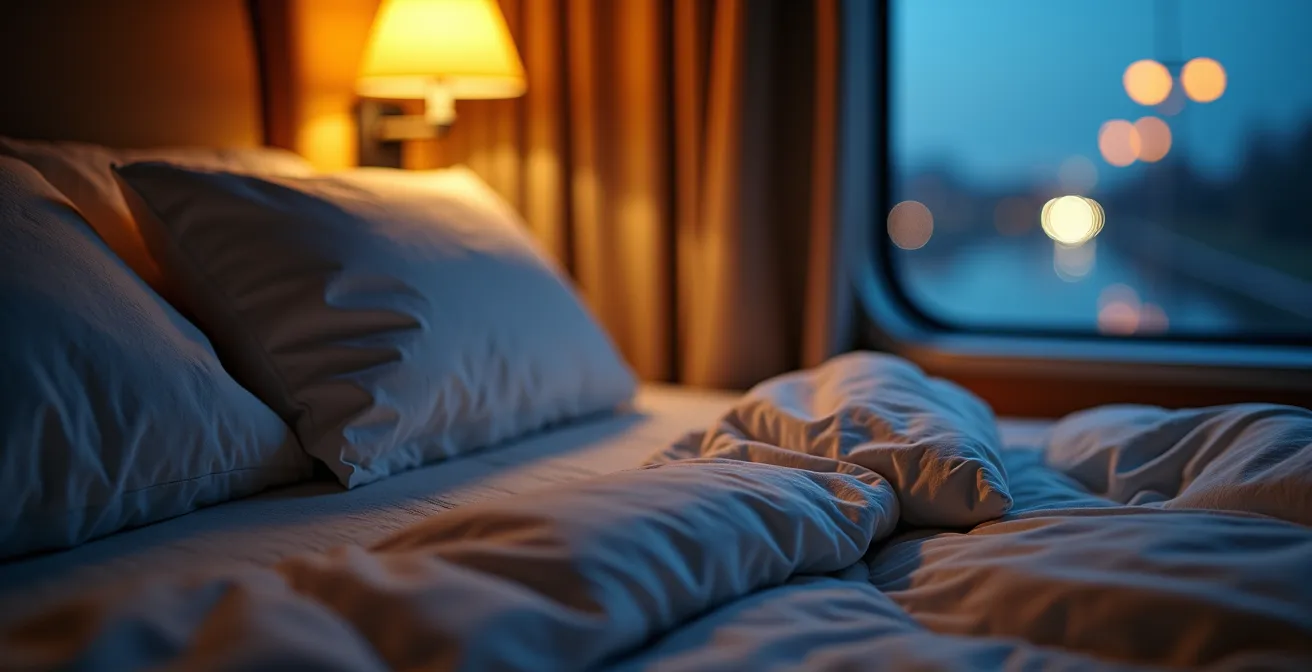 Intérieur confortable d'un compartiment de train de nuit avec couchettes